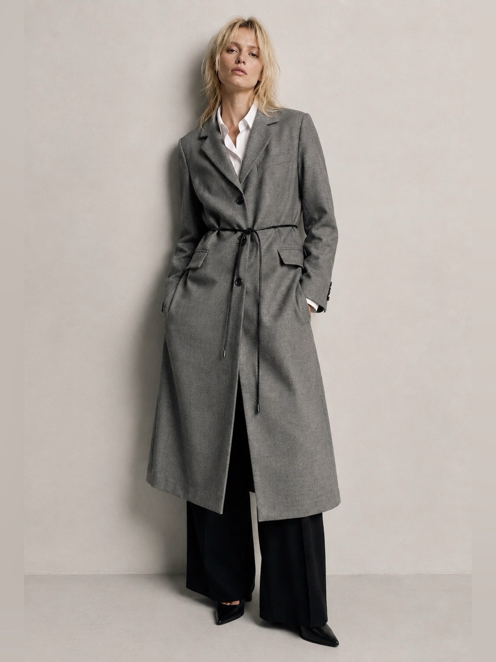 NWT Zara 100% Wool Long Frock Coat Belted Tailored Overcoat in Gray Size XS